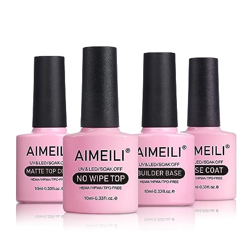AIMEILI Gel Nail Polish Set, No Wipe Top Coat & Base Coat, Matte Top Coat, 5 in 1 Builder Base Gel Soak Off UV LED Gel Nail Polish Basic Set