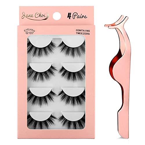 False Eyelashes, 3D Faux Mink Lashes Reusable Long Thick Eyelashes for Makeup Extension, 4 Pairs Hand-made Dramatic Fake Eye with Clip (G107)