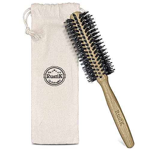 Round Hair Brush and Cotton Travel Bag by RustiK, Stiff Nylon and Boar Bristles, Eco Friendly, Curl Enhancing, Blow Drying, Styling, Adding Volum