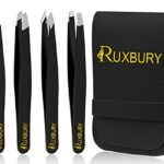 Ruxbury 4pcs Tweezers for facial hair women & men Professional Stainless Steel black color coated precision tweezers Slanted & Pointed Tip eyebro