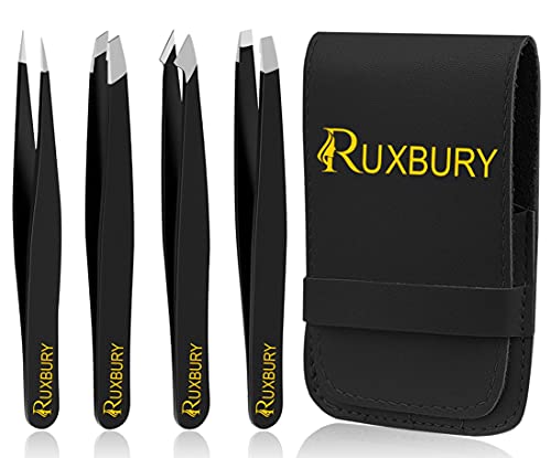 Ruxbury 4pcs Tweezers for facial hair women & men Professional Stainless Steel black color coated precision tweezers Slanted & Pointed Tip eyebro