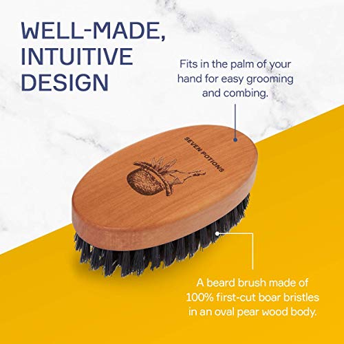 Seven Potions Boar Bristle Beard Brush For Men — Made of Pear Wood with 100% First-Cut Boar Hair — Firm Bristles To Tame and Soften Your Facial H