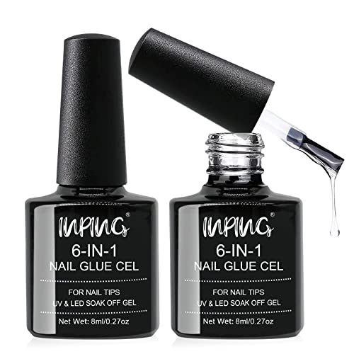 INPING Gel Nail Glue, 2PCS 8ML Nail Glue 6-In-1 False Nail Tips Gel Glue Kit Extra Strong Nail Bond Nail Glue Gel for Nail Extension Tips/Acrylic
