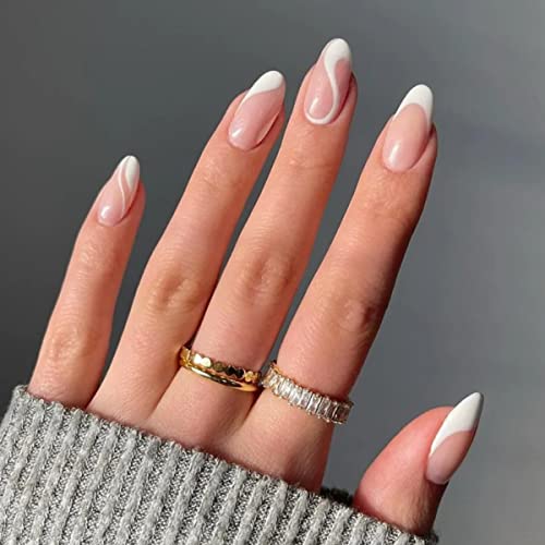 JUSTOTRY 24 Pcs Pale Orange Heart Short False Nails Stiletto,Beige French Press on Nails Pattern,Fake Nails Short with Nail Glue,Almond Medium St