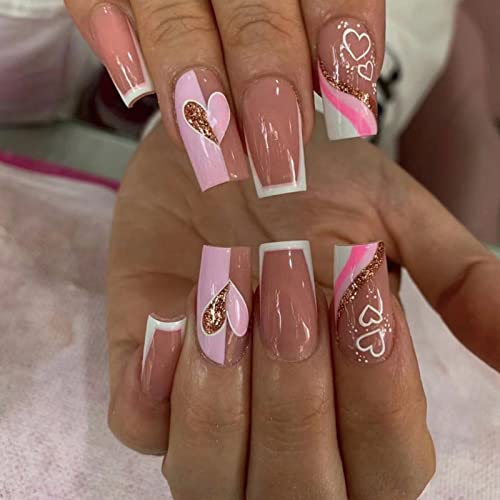 JUSTOTRY 24 Pcs Diamante Fake Nails Long, Nude French Press on Nails Patterns, Ballerina Stick on Nails for Women, Acrylic Medium Coffin False Na