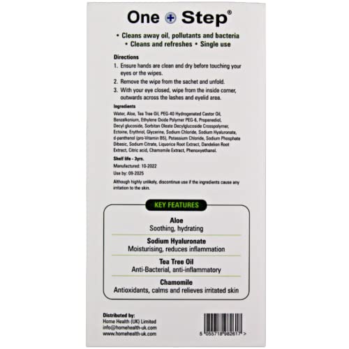 One Step Tea Tree Oil Eyelid Wipes, 60 Sachets, Natural, Aloe, Chamomile Daily Cleanser, Soothe, Relieve for Dry, Irritated, Tired, Itchy Eyes