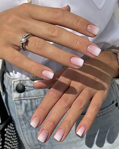 LADYING 24 Pcs Gel False Nails Short,Square Soft Gel Press on Nails French Pattern,Gradient White Fake Nails Short with Nail Glue, UV Finish Squo