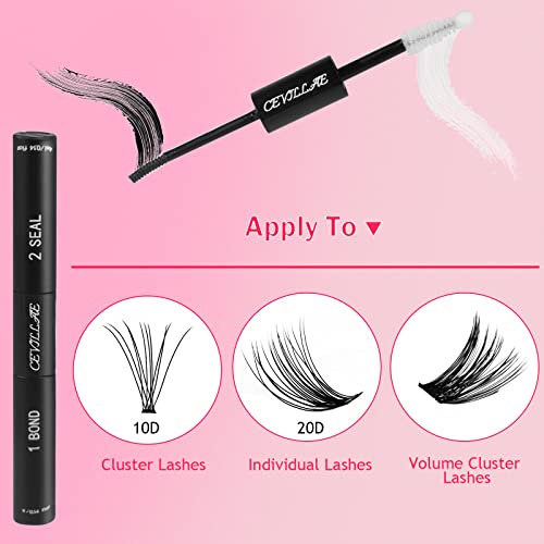 Lash Bond and Seal with Remover, Cevillae Eyelash Glue and Lash Remover for Individual Cluster Lashes Extensions, Waterproof Strong Hold 48Hours