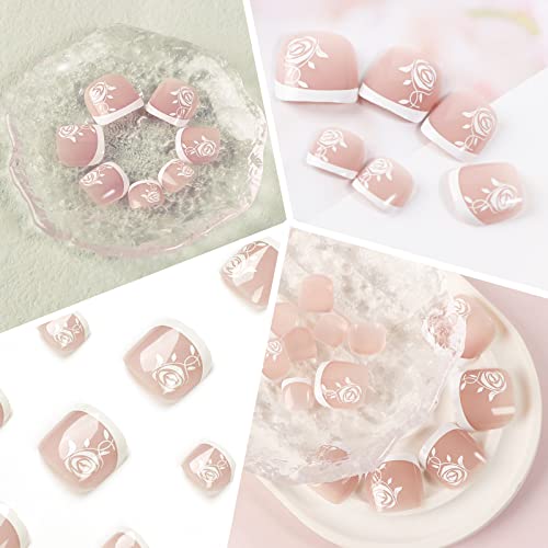 24pcs French False Toenails Tips Stick on Toenails Natural Press on Toenails Nude Short Fake Toe Nails for Women Toenail Decorations (Glitter)