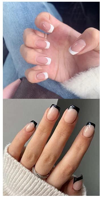 JUSTOTRY 4 Packs (96 Pcs) White and Black Square False Nails Short Pattern,Cheap and Durable French Press on Nails,Swirl Fake Nails Medium with N