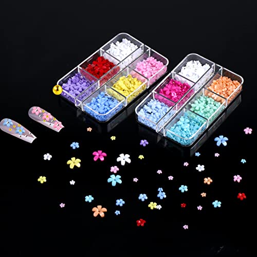 KINBOM 2 Boxes 3D Flowers for Nails with Small Caviar Beads, Flat Back 3D Acrylic Flower Nail Charms Colorful 3D Floral Nail Charms Nails Designs