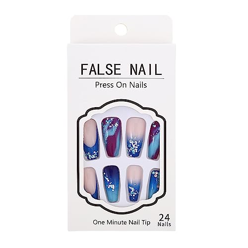 Brishow Coffin False Nails Long Fake Nails Sequin Press on Nails Blue Purple Marble Ballerina Acrylic Stick on Nails 24pcs for Women and Girls