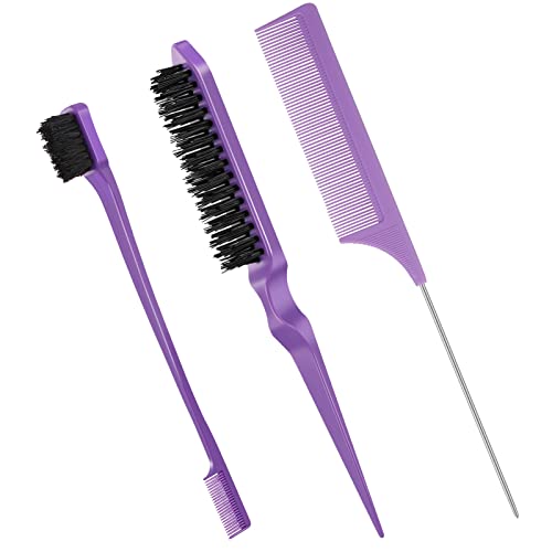 Fuyamp 3 Packs Slick Brush Set Teasing Brush Set, Plastic Bristle Hair Brush Teasing Comb Edge Hair Brush Grooming Combs Sturdy Rat Tail Comb Dou
