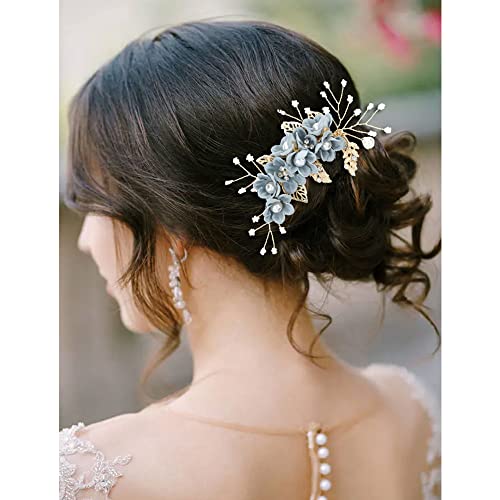 inSowni 20 Pack Classy Dusty Blue Flower Bridal Wedding Hair Side Combs+Floral Hair Pins+Twist Spiral Pearl Hair Pins Clips Pieces Formal Prom He