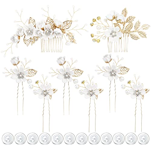inSowni 20 Pack Classy Dusty Blue Flower Bridal Wedding Hair Side Combs+Floral Hair Pins+Twist Spiral Pearl Hair Pins Clips Pieces Formal Prom He