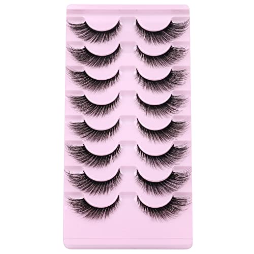 JIMIRE Cat Eye Eyelashes Natural Lashes Fluffy 15mm 3D Clear Band Faux Mink Lashes Fake Lashes 8 Pairs Pack