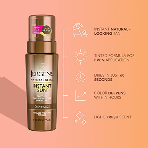Jergens Natural Glow Instant Sun Sunless Tanning Mousse for Body, Deep Bronze, 6 Ounces