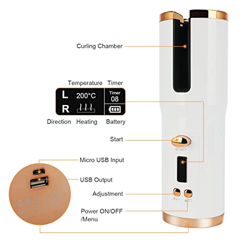 Cordless Auto Curling Iron, Topretty Hair Wand Curling LCD Display & USB Rechargeable Anti-Tangle Hair Curlers for Long Hair Adjustable Temperatu