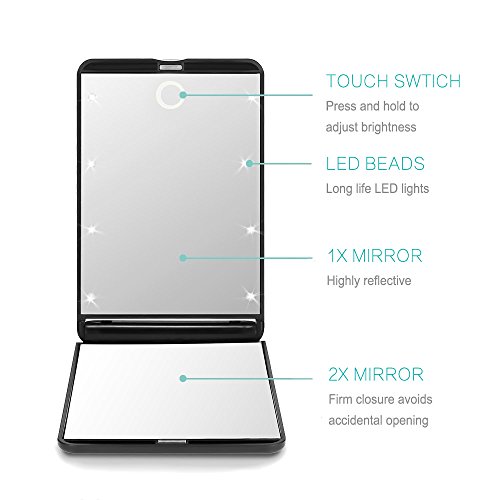 Rantizon Portable Makeup Mirror Dimmable 8 LEDs Lighted Mirror 1X & 2X Magnification Cosmetic Illuminated Handbag Mirror FoldablePocket Mirror Co