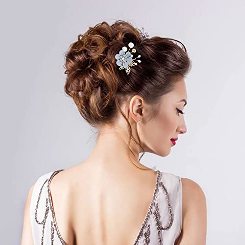 inSowni 20 Pack Classy Dusty Blue Flower Bridal Wedding Hair Side Combs+Floral Hair Pins+Twist Spiral Pearl Hair Pins Clips Pieces Formal Prom He
