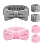 Headband for Washing Face, 2 Pcs Fluffy Headband for Washing Face, 4 Pcs Wrist Straps, Coral Fleece Head Band for Makeup, Shower, Prevent Water S