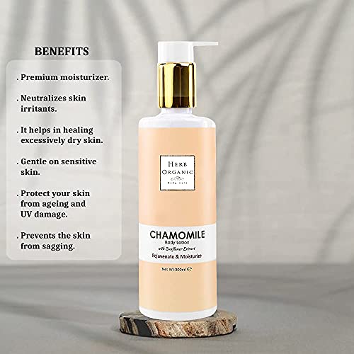 HerbOrganic Chamomile Body Lotion - 300ml - For Acne and Dry Skin - Rejuvenate and Mosturizes Skin - Sunflower Extract - Suitable to Sensitive Sk