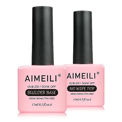 AIMEILI Top and Base Builder Gel Soak Off UV LED Gel Nail Polish 5 in 1 Builder Base Gel No Wipe Top Coat Set 2 x 15ml