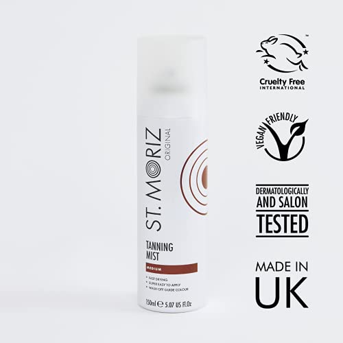 St Moriz Original Instant Tanning Mist in Medium | Fast Drying Vegan Fake Tan Mist | Instant Wash Off Guide Colour for a Golden Glow | 150ml