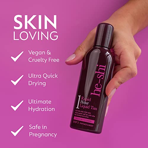 He-Shi Rapid 1 Hour Liquid Tan - Instant Self Tan - 1 Hour Express Fake Tan Lotion - Quick Dry Formula, Natural Ingredients - Vegan & Cruelty Fre