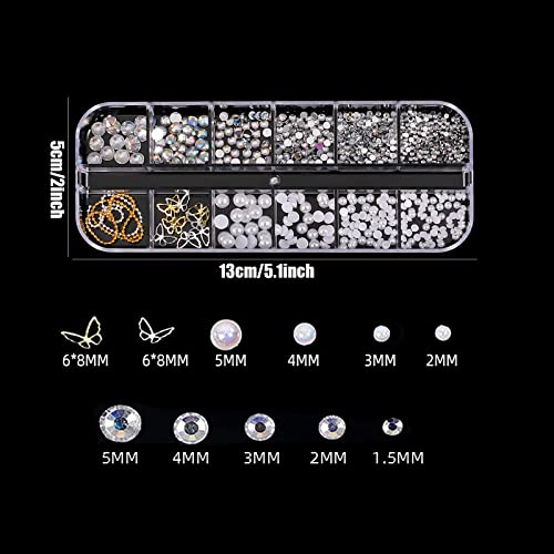 Nail Art Rhinestones and Pearls,2 Boxes Butterfly Bowknot Flower Nail Art Charms,Aurora Bear 3D Nail Art Decorations for Nail Art Design DIY Craf