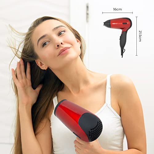 Red Hot 37070 1200W Travel Hair Dryer With Folding Handle / Dual Voltage / 2 Heat Settings / Compact & Lightweight / Red Coloured