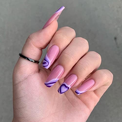 JUSTOTRY 24 Pcs Pink Press on Nails Medium, Dark Blue and White swirl Fake Nails with Designs, French Stick on Nails for Women, Acrylic False Nai