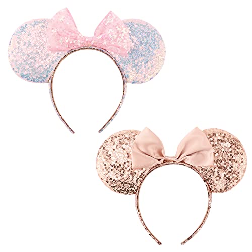 DRESHOW 2 Pack Mouse Ears Bow Headbands Glitter Party Decoration Cosplay Costume for Girls & Women