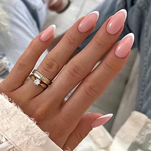 JUSTOTRY 24 Pcs Pale Orange Heart Short False Nails Stiletto,Beige French Press on Nails Pattern,Fake Nails Short with Nail Glue,Almond Medium St