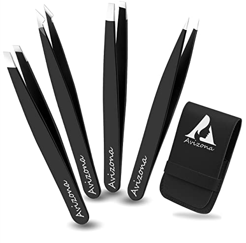 Avizona Set of 4 Precision Tweezers for Facial Hair Women & Men Professional Eyebrow Tweezers for ingrown Hair Black Color Coated tweezer Set wit