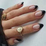 Oval False Nails Short, Black French Fake Nails Pattern, Almond Press on Nails, Nude French Nail Tips with Nail Glue, Stiletto Stick on Nail for