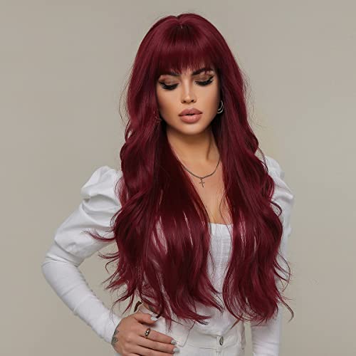 iShine Burgundy Red Wigs for Women Long Wavy Wine Red Wigs with Fringe Synthetic Wig Heat Resistant Natural Hair for Daily Party Cosplay Use Gift