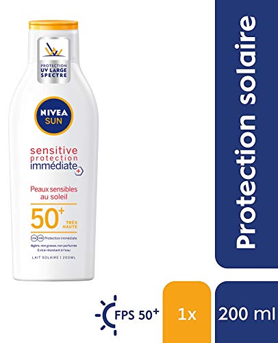 NIVEA Sun Sensitive Sun Lotion SPF 50+ (1 x 200 ml), Unscented & Water Resistant, Sunscreen Light Non-Greasy Texture