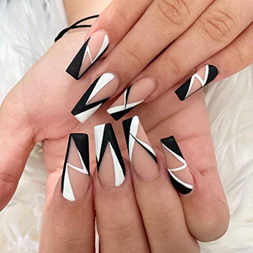 JUSTOTRY 24 Pcs Diamante Fake Nails Long, Nude French Press on Nails Patterns, Ballerina Stick on Nails for Women, Acrylic Medium Coffin False Na