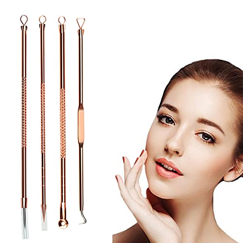 Blackhead Remover Tool Kit,4 Pieces Comedone Extractor Tool Blemish Whitehead Removal Acne Needle Pimple Spot Popper Stainless Steel (Gold)