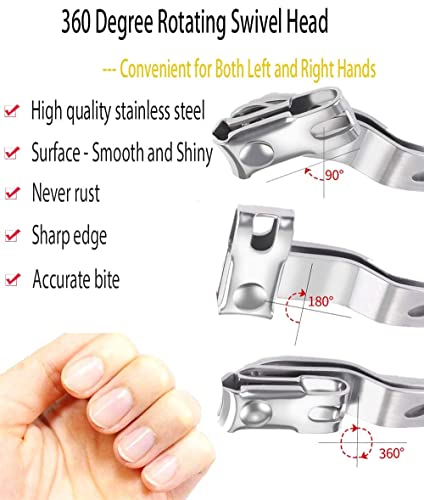Morkka Nail Clippers with 360-Degree Rotating Head Long Handle, Stainless Steel Fingernails and Toenails Cutter 3pcs