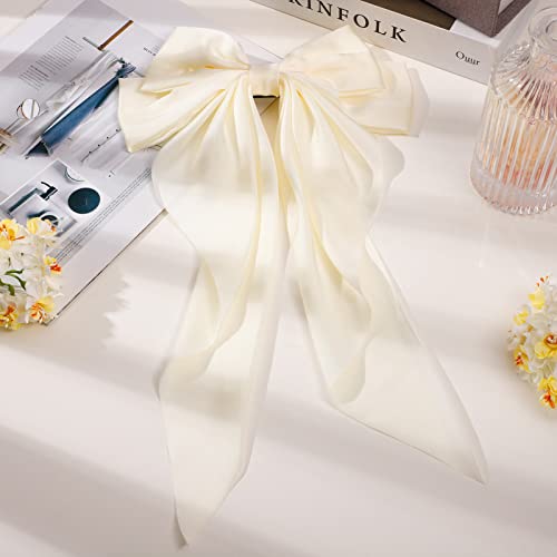 RosewineC 2 PCS Bow Hair Clips Solid Color Bow French Automatic Hair Clip with Long Silky Satin Tail Large Bows for Simple Women Girls Barrettes