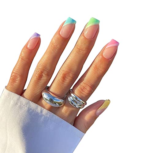 JUSTOTRY 24 Pcs Pastel Square Short False Nails,Multi Colour French Press on Nails Pattern, Cute Fake Nails Medium with Nail Glue,Rainbow Stick o