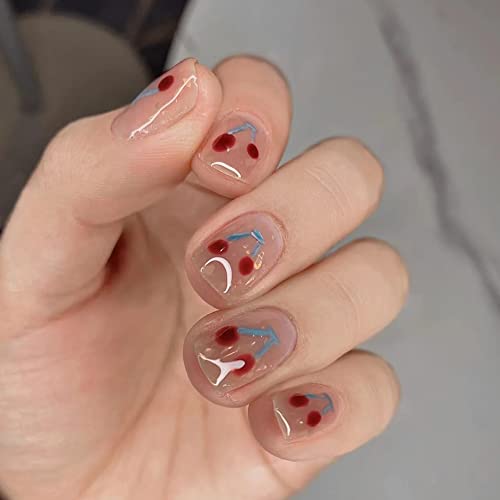 JUSTOTRY 24 Pcs Fake Nails Short, Red and Yellow Swirl Press on Nails with Designs, Glossy Pink French False Nails Short, Stick on Nails for Wome