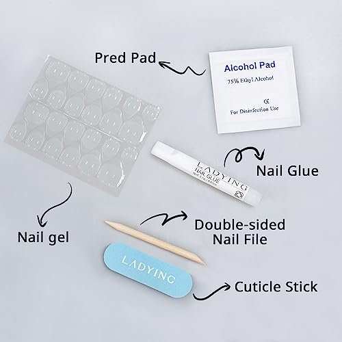 LADYING 24 Pcs Gel False Nails Short,Square Soft Gel Press on Nails French Pattern,Gradient White Fake Nails Short with Nail Glue, UV Finish Squo