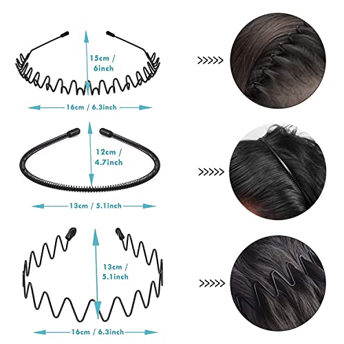 Metal Headband Mens Hair Band Non-Slip Sports Hair Hoop for Men Black Wavy Fashion Hair Band for Outdoor Weddings (6 PCS)