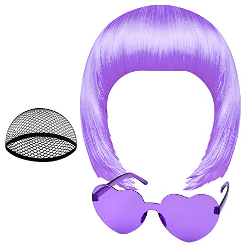 PLULON Peach Pink Bob Wig and Sunglass Set, Neon Short Bob Wig Sunglass Pack Costume Colorful Cosplay Wig Hairpieces for Bachelorette Neon Party