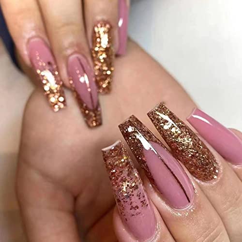 JUSTOTRY 24 Pcs Diamante Fake Nails Long, Nude French Press on Nails Patterns, Ballerina Stick on Nails for Women, Acrylic Medium Coffin False Na