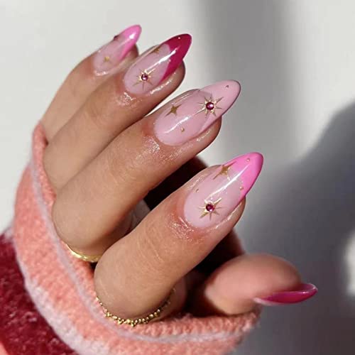 JUSTOTRY 24 Pcs Stiletto False Nails Medium with Jewels,Beige French Press on Nails Pattern,Fake Nails Short with Nail Glue,Almond Stick on Nails