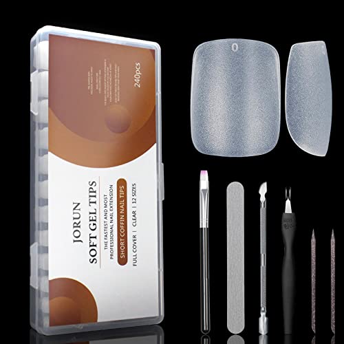 240 PCS Extra Short Square Gel False Nail Tips, Transparent Soft Gel Full Cover False Nail Tips, 12 Sizes Gel False Nail Tip Extension Kit, Suita